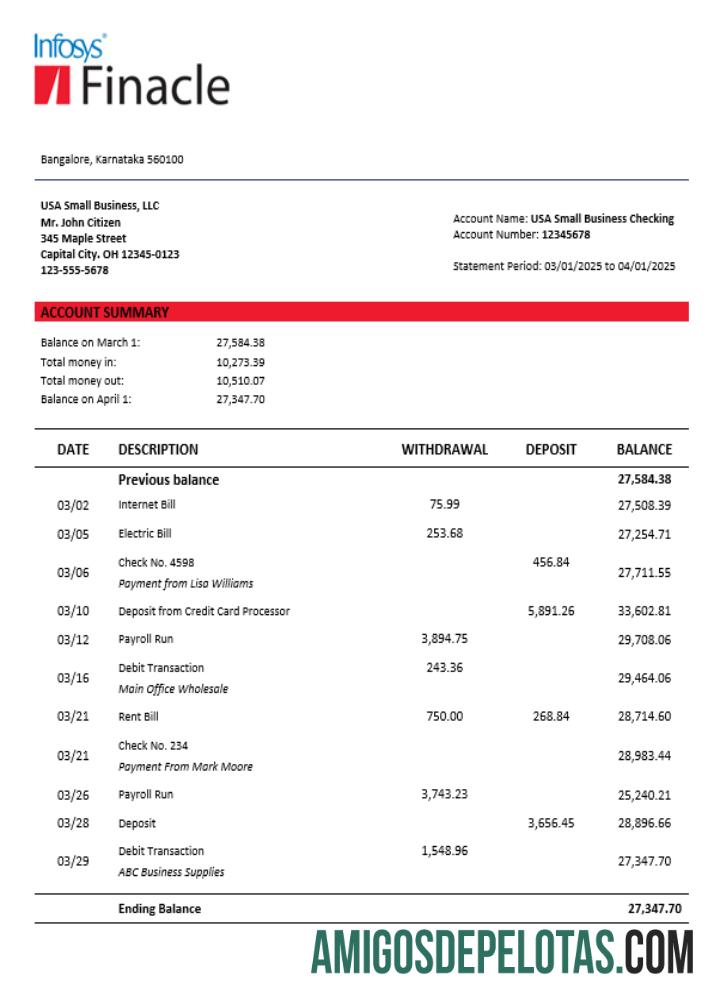 Declaração da empresa de negócios Finacle em formato Word e PDF